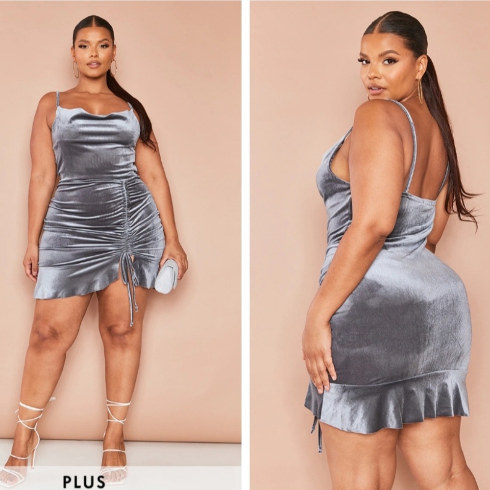 Silver Velvet Strappy Ruched Frill Hem Bodycon Dress